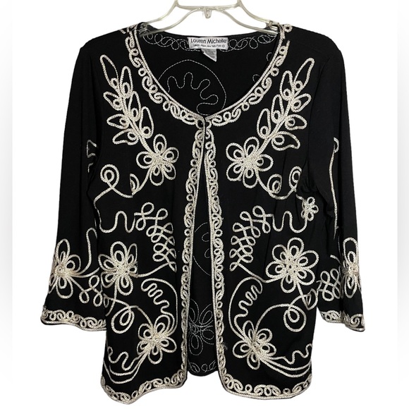 Lauren Michelle Jackets & Blazers - Lauren Michelle Jacket Black with Cream and Gold Metallic Corded Design Sz L
